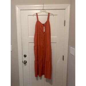 NEW Coral Orange Button Down Spaghetti Strap Tiered Ruffle Maxi Dress Size L XL